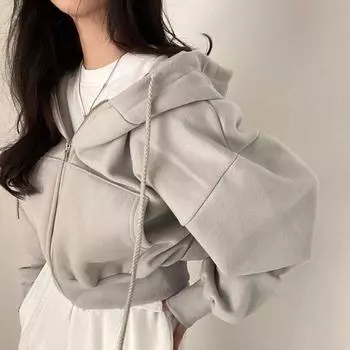 Женские повседневные толстовки с капюшоном, осенние ретро-толстовки с капюшоном, однотонные, большие толстовки с длинным рукавом, свободные короткие куртки, пальто M темно серый