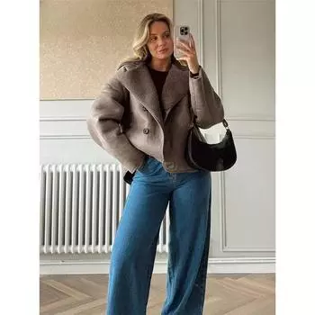 Женские повседневные толстые куртки из искусственной кожи с лацканами, винтажные однобортные теплые шерстяные пальто, женская зимняя уличная верхняя одежда S хаки