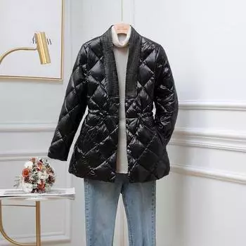 Женские повседневные толстые пуховые пальто в сетку с v-образным вырезом, женские короткие однотонные свободные куртки, осенне-зимняя модная элегантная уличная одежда S белый