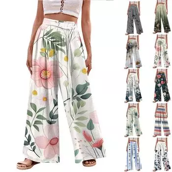 Женские повседневные тонкие эластичные брюки с высокой талией и широкими штанинами с цифровым принтом L темно-зеленого