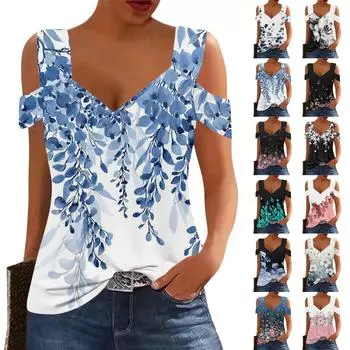 Женские повседневные топы без бретелек, футболка с v-образным вырезом и короткими рукавами, топы с принтом M чёрный