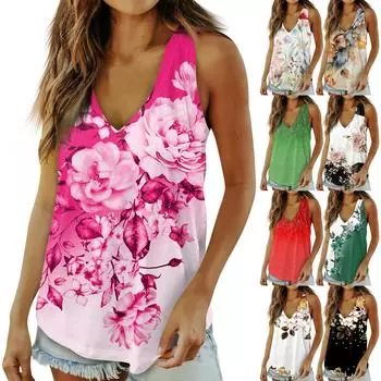 Женские повседневные топы для ношения с леггинсами. Летняя майка без рукавов с v-образным вырезом и принтом для женщин. XL розовый