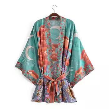 Женские повседневные топы для сна в пляжном стиле для отпуска, летняя мода, высококачественное легкое роскошное свободное кимоно с ретро-принтом S зелёный