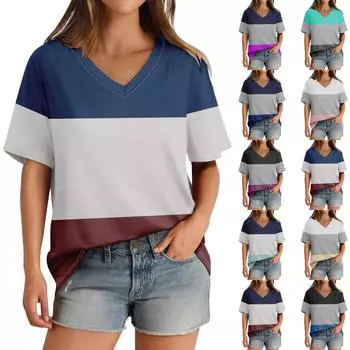 Женские повседневные топы, футболка с коротким рукавом и v-образным вырезом, пуловер с принтом, топ L синий