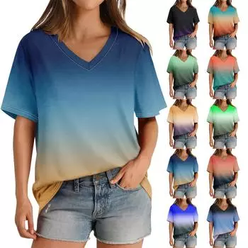 Женские повседневные топы, футболка с коротким рукавом и v-образным вырезом, пуловер с принтом, топ L синий