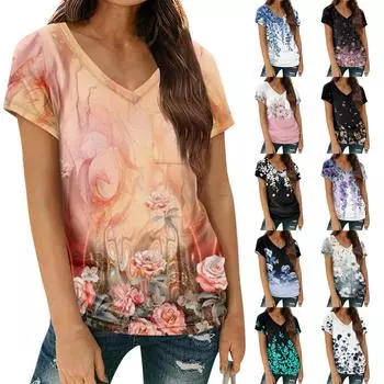 Женские повседневные топы, футболка с коротким рукавом и v-образным вырезом, пуловер с принтом и карманами L