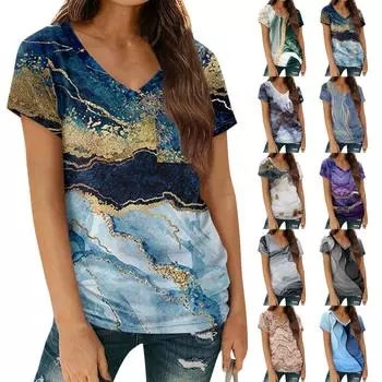 Женские повседневные топы, футболка с коротким рукавом и v-образным вырезом, пуловер с принтом и карманами M