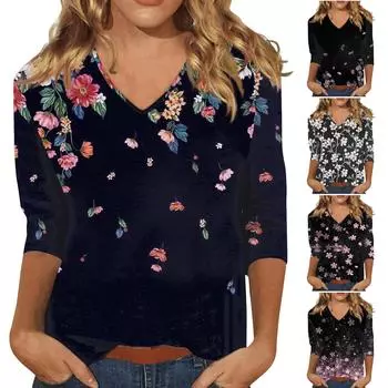 Женские повседневные топы, летние женские рубашки с принтом Летние повседневные футболки Женские топы Классические рубашки Пуловеры с рукавами 3/4 и V-образным вырезом Топы L чёрный