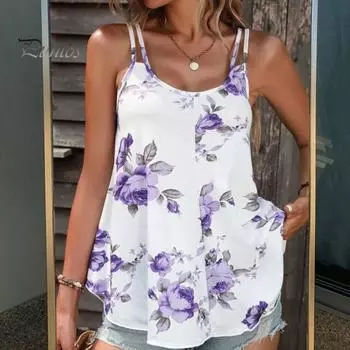 Женские повседневные топы на бретельках с U-образным вырезом без рукавов с цветочным принтом, летние топы со свободным подолом, вечерние пляжные жилеты, уличная одежда S красный