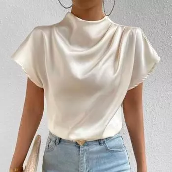 Женские повседневные топы, плиссированная футболка с коротким рукавом и половиной высокого воротника, однотонные гладкие атласные пуловеры, топы M шампанского