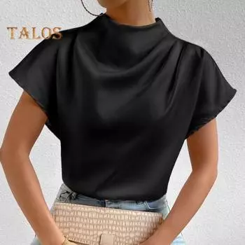 Женские повседневные топы, плиссированная футболка с короткими рукавами и высоким воротником, однотонные гладкие атласные пуловеры, топы, повседневная одежда M шампанского