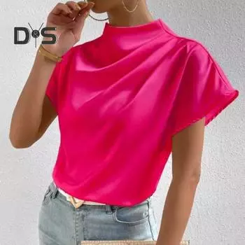 Женские повседневные топы, плиссированная футболка с короткими рукавами и высоким воротником, однотонные гладкие атласные пуловеры, топы, повседневная одежда M шампанского