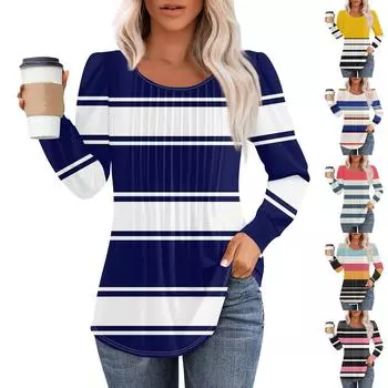 Женские повседневные топы, полосатая плиссированная футболка с круглым вырезом и длинным рукавом с принтом XXXL синий