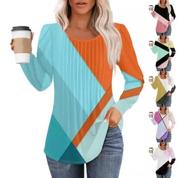 Женские повседневные топы, полосатая плиссированная футболка с круглым вырезом и длинным рукавом с принтом XXL жёлтый