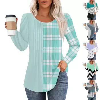 Женские повседневные топы, полосатая плиссированная футболка с круглым вырезом и длинным рукавом с принтом L чёрный