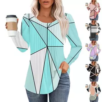 Женские повседневные топы, полосатая плиссированная футболка с круглым вырезом и длинным рукавом с принтом XXL хаки