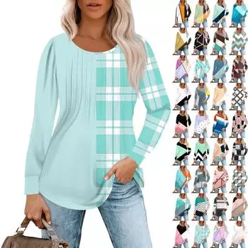 Женские повседневные топы, полосатая плиссированная футболка с круглым вырезом и длинным рукавом с принтом M синий