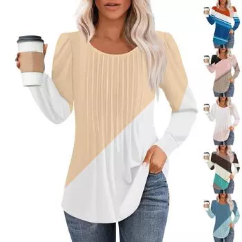 Женские повседневные топы, полосатая плиссированная футболка с круглым вырезом и длинным рукавом с принтом XXXL