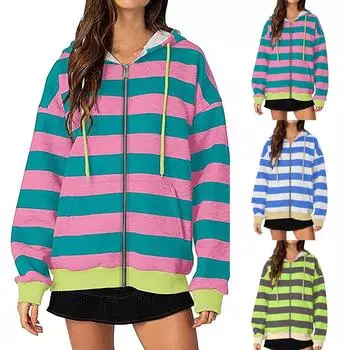 Женские повседневные топы, полосатая толстовка на молнии, толстовка с капюшоном M бежевый