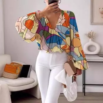 Женские повседневные топы, пуловеры с длинными рукавами, свободные топы, красочная футболка с v-образным вырезом и фонариком, уличная одежда L светло-зеленый