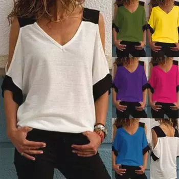 Женские повседневные топы, рубашка с коротким рукавом и v-образным вырезом, свободная футболка, блузки с открытыми плечами и открытыми плечами S белый