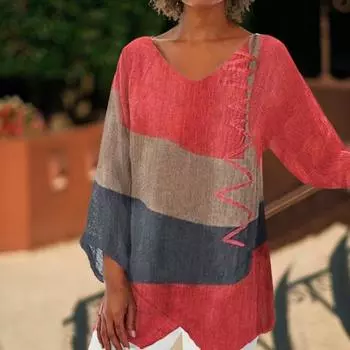 Женские повседневные топы, рубашка средней длины с v-образным вырезом и длинными рукавами, свободная посадка с цветными блоками, футболка с нерегулярным подолом и принтом 3XL жёлтый