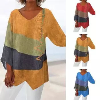 Женские повседневные топы, рубашка средней длины с v-образным вырезом и длинными рукавами, свободная посадка с цветными блоками, футболка с неровным подолом и принтом XL жёлтый
