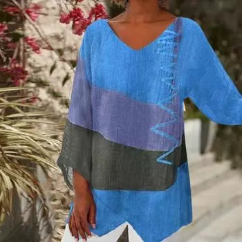 Женские повседневные топы, рубашка средней длины с v-образным вырезом и длинными рукавами, свободная посадка с цветными блоками, футболка с нерегулярным подолом и принтом, повседневные топы для отдыха XXXL жёлтый