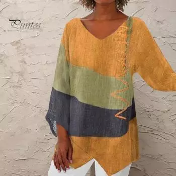 Женские повседневные топы, рубашка средней длины с v-образным вырезом и длинными рукавами, свободная посадка с цветными блоками, футболка с нерегулярным подолом и принтом, повседневные топы для отдыха 3XL жёлтый