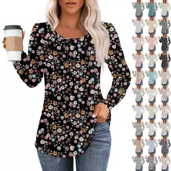 Женские повседневные топы с цветочным принтом, плиссированной футболкой с круглым вырезом и длинными рукавами L циан