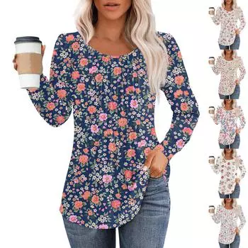 Женские повседневные топы с цветочным принтом, плиссированной футболкой с круглым вырезом и длинными рукавами XXL зелёный