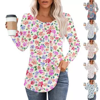Женские повседневные топы с цветочным принтом, плиссированной футболкой с круглым вырезом и длинными рукавами S