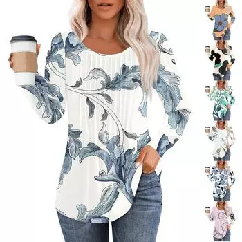 Женские повседневные топы с цветочным принтом, плиссированной футболкой с круглым вырезом и длинными рукавами M синий