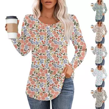 Женские повседневные топы с цветочным принтом, плиссированной футболкой с круглым вырезом и длинными рукавами XXL красный