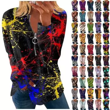Женские повседневные топы с длинным рукавом и v-образным вырезом на молнии с принтом, топы большого размера, толстовки