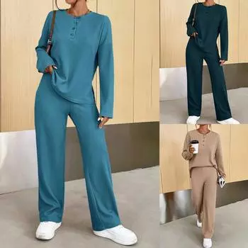 Женские повседневные топы с длинными рукавами, брюки, комплект брюк, женский свободный однотонный костюм, наряд