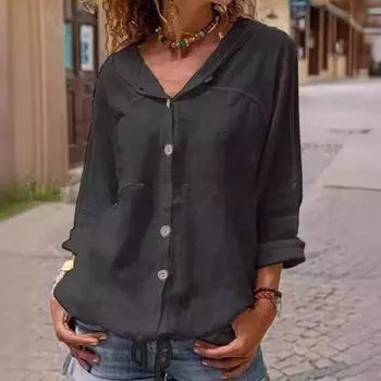 Женские повседневные топы с капюшоном, длинным рукавом, застежкой на пуговицы, завязывающимся низом, однотонные свободные топы для поездок на работу M чёрный