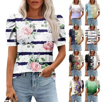 Женские повседневные топы с коротким рукавом и круглым вырезом с принтом, туники, рубашки, летняя одежда L бежевый