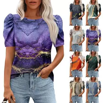 Женские повседневные топы с коротким рукавом и круглым вырезом с принтом, туники, рубашки, летняя одежда L синий