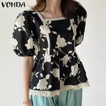Женские повседневные топы с короткими рукавами-фонариками и принтом VONDA