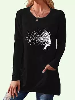 Женские повседневные топы с круглым воротником и карманами, весенне-осенняя модная рубашка с длинным рукавом с принтом, женский свободный длинный топ S белый