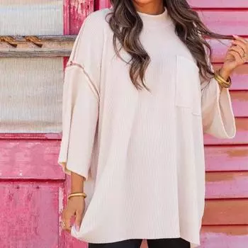 Женские повседневные топы с круглым вырезом, длинным рукавом, свободная футболка с накладным карманом, однотонные M арбуз красный