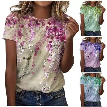 Женские повседневные топы с круглым вырезом, футболка с коротким рукавом, летняя футболка с принтом, топ