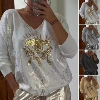 Женские повседневные топы с круглым вырезом и длинными рукавами, толстовка обычного кроя, толстовка с блестками и декором в виде глаз, горячее тиснение L чёрный