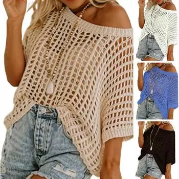 Женские повседневные топы с круглым вырезом и коротким рукавом, прозрачный вязанный крючком полый вязаный свитер, однотонный свободный пуловер, футболка M чёрный