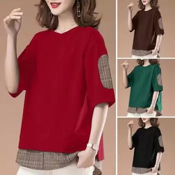 Женские повседневные топы с круглым вырезом и коротким рукавом, поддельные две части, футболка, стандартный крой, летние топы, повседневная одежда XL чёрный