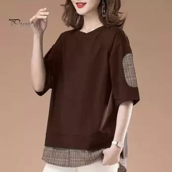 Женские повседневные топы с круглым вырезом и коротким рукавом, поддельные две части, футболка, стандартный крой, летние топы, повседневная одежда XL красный