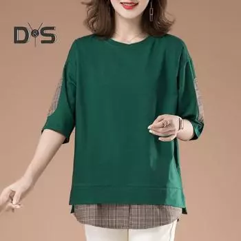 Женские повседневные топы с круглым вырезом и коротким рукавом, поддельные две части, футболка, стандартный крой, летние топы, повседневная одежда XL кофейный