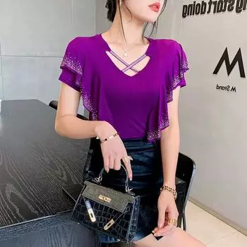 Женские повседневные топы с круглым вырезом и V-образным вырезом на весну и лето с оборками 3XL чёрный