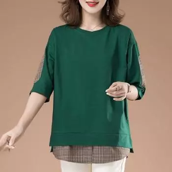 Женские повседневные топы с круглым вырезом и коротким рукавом, поддельные две части, футболка, стандартный крой, летние топы, повседневная одежда XL зелёный